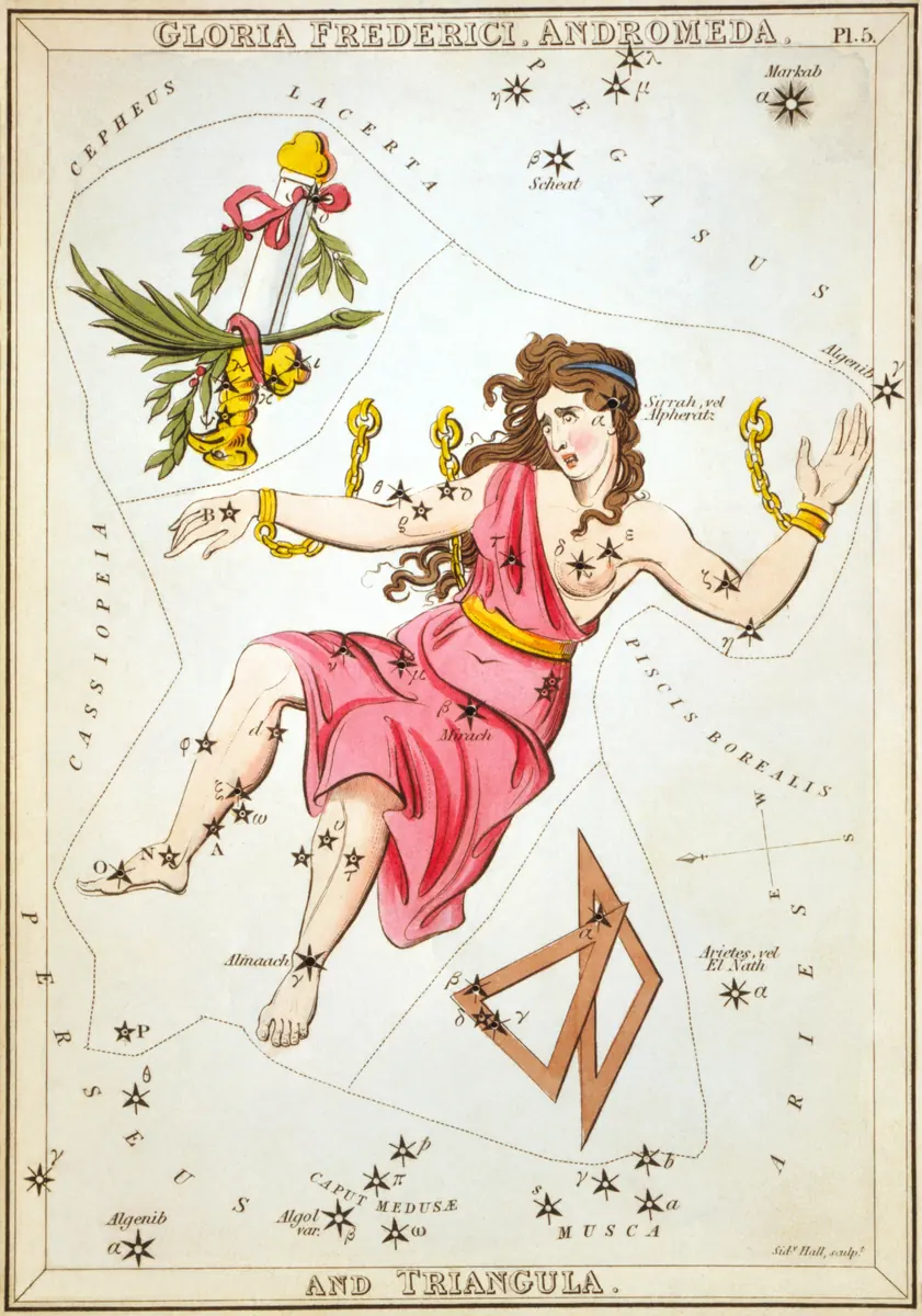 Andromeda as drawn by Sidney Hall in Urania's Mirror, 1824.