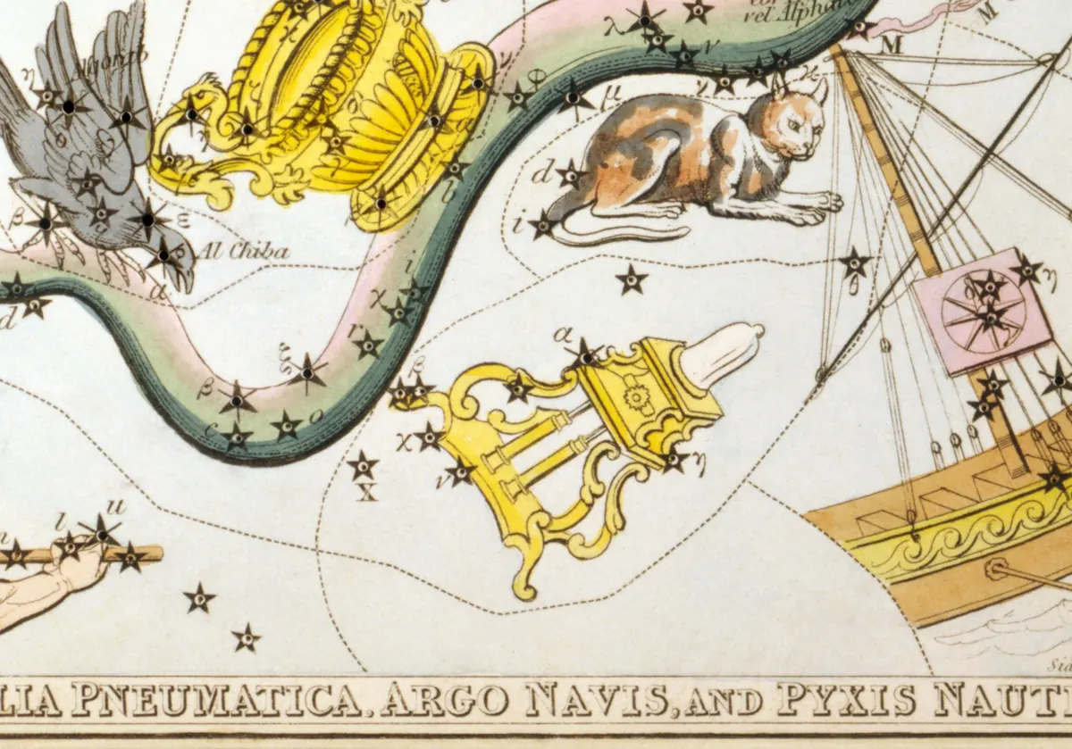Antlia as drawn by Sidney Hall in Urania's Mirror, 1824.