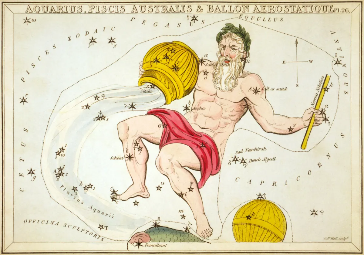 Aquarius as drawn by Sidney Hall in Urania's Mirror, 1824.