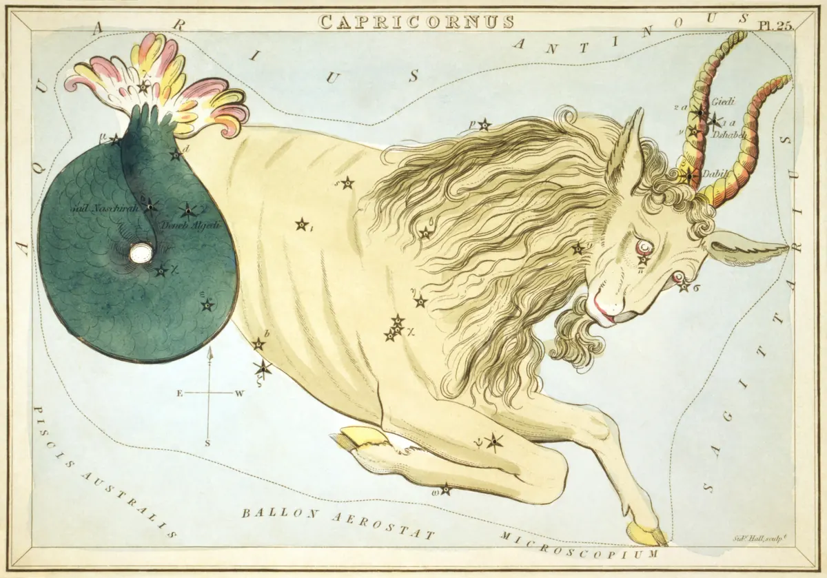 Capricornus as drawn by Sidney Hall in Urania's Mirror, 1824.