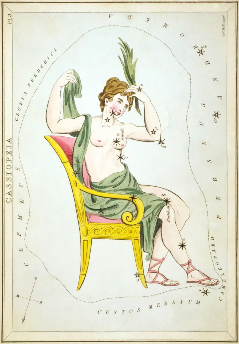 Cassiopeia as drawn by Sidney Hall in Urania's Mirror, 1824.