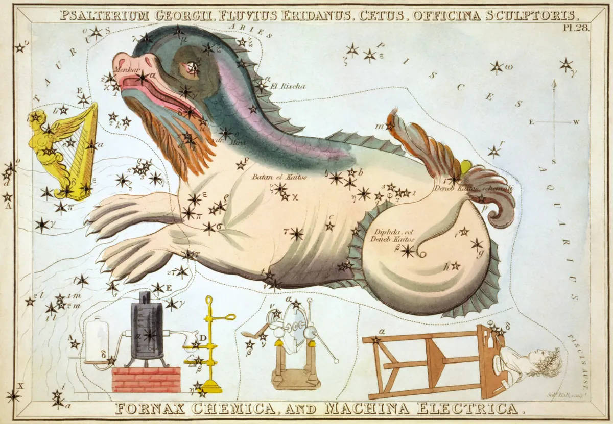 Cetus as drawn by Sidney Hall in Urania's Mirror, 1824.