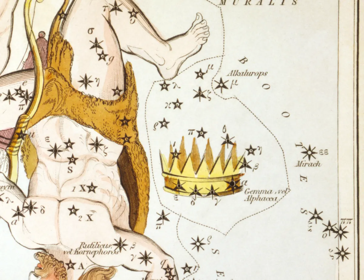 Corona Borealis as drawn by Sidney Hall in Urania's Mirror, 1824.