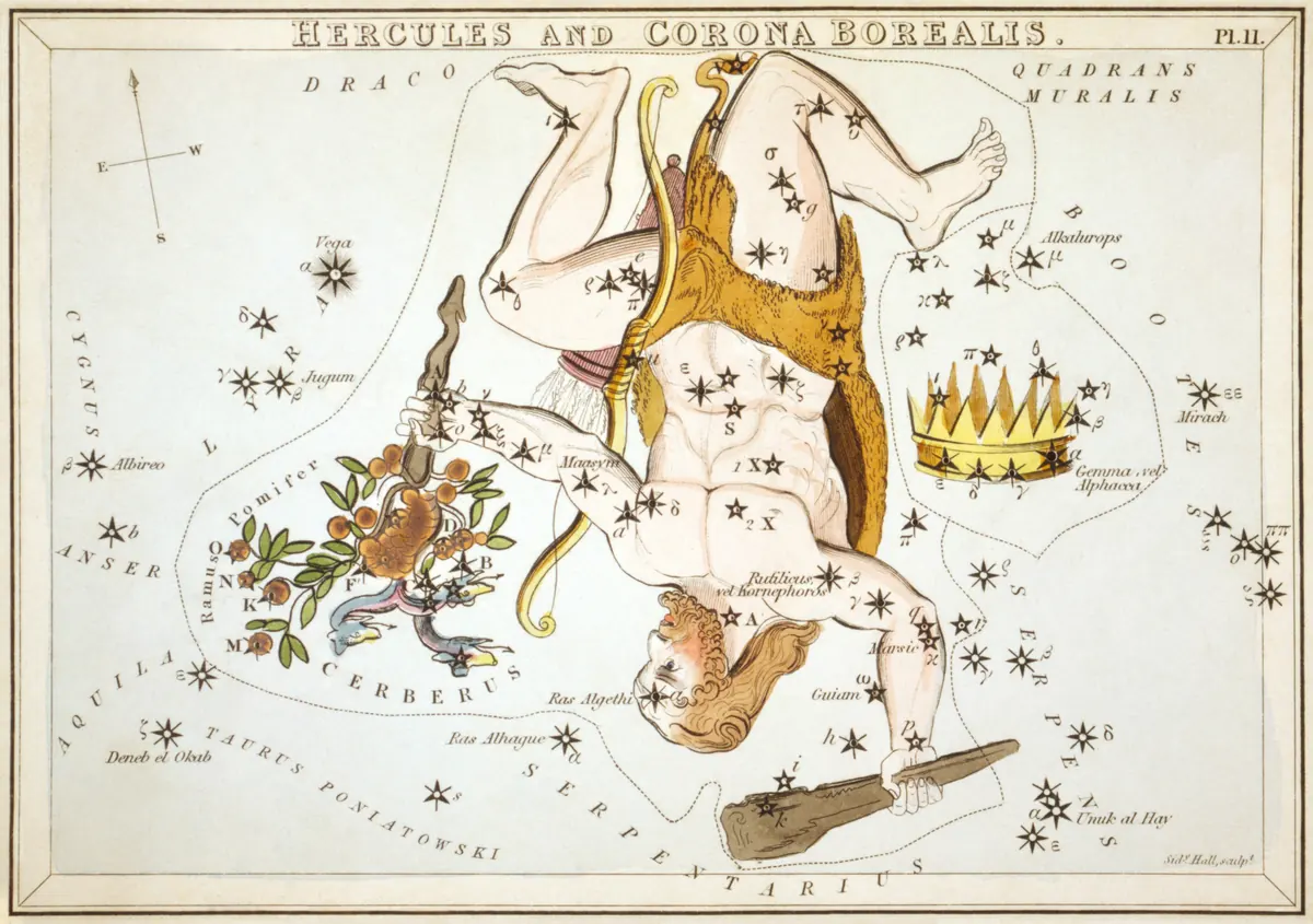 Hercules as drawn by Sidney Hall in Urania's Mirror, 1824.