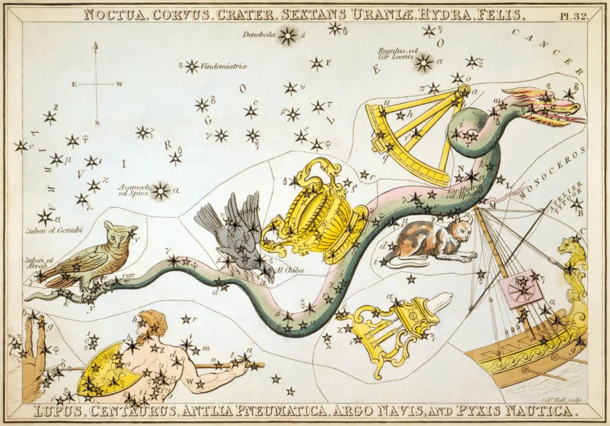 Hydra as drawn by Sidney Hall in Urania's Mirror, 1824.