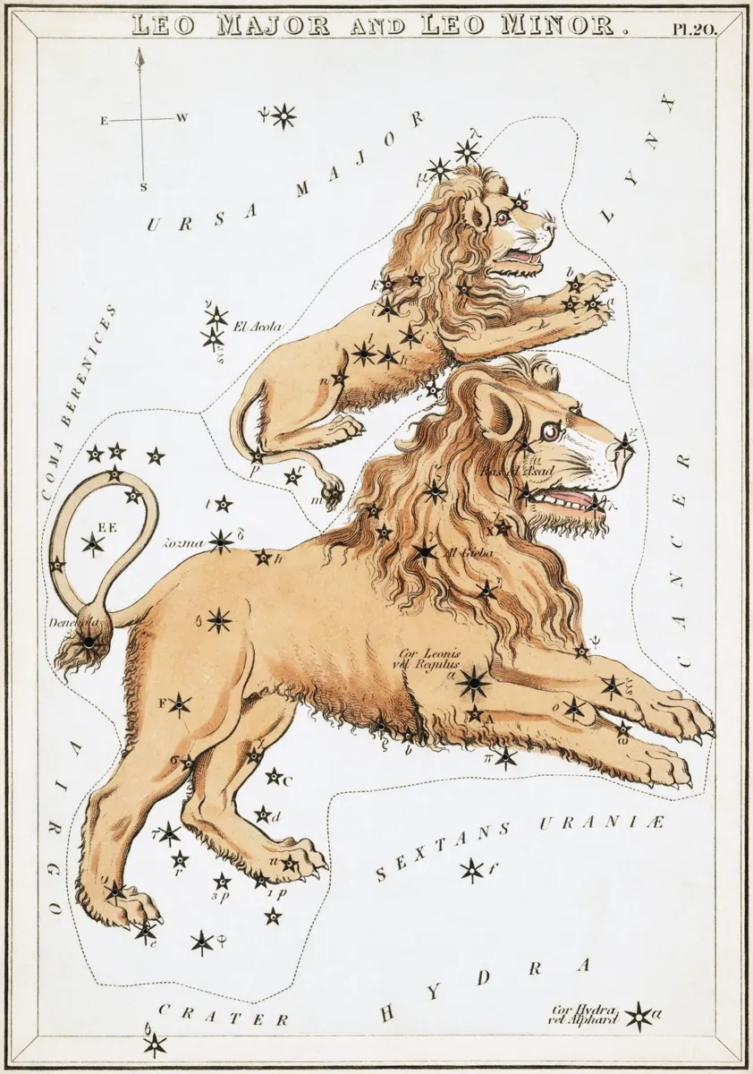Leo as drawn by Sidney Hall in Urania's Mirror, 1824.