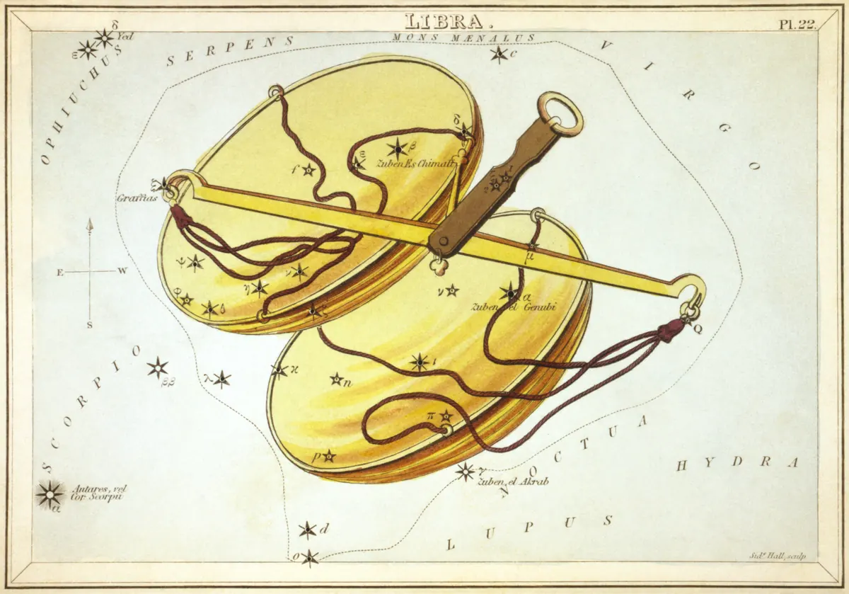 Libra as drawn by Sidney Hall in Urania's Mirror, 1824.