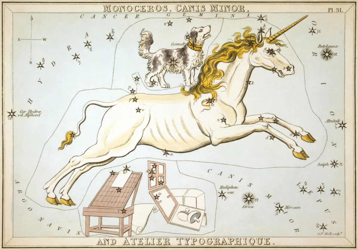 Monoceros as drawn by Sidney Hall in Urania's Mirror, 1824.
