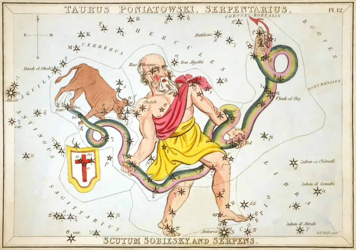 Ophiuchus as drawn by Sidney Hall in Urania's Mirror, 1824.