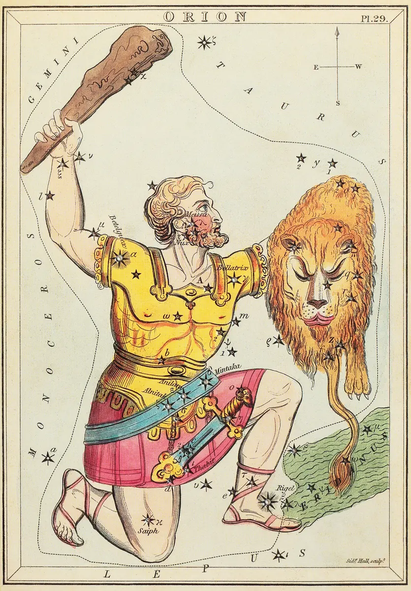 Orion as drawn by Sidney Hall in Urania's Mirror, 1824.