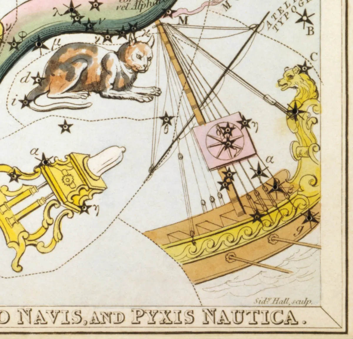 Pyxis as drawn by Sidney Hall in Urania's Mirror, 1824.