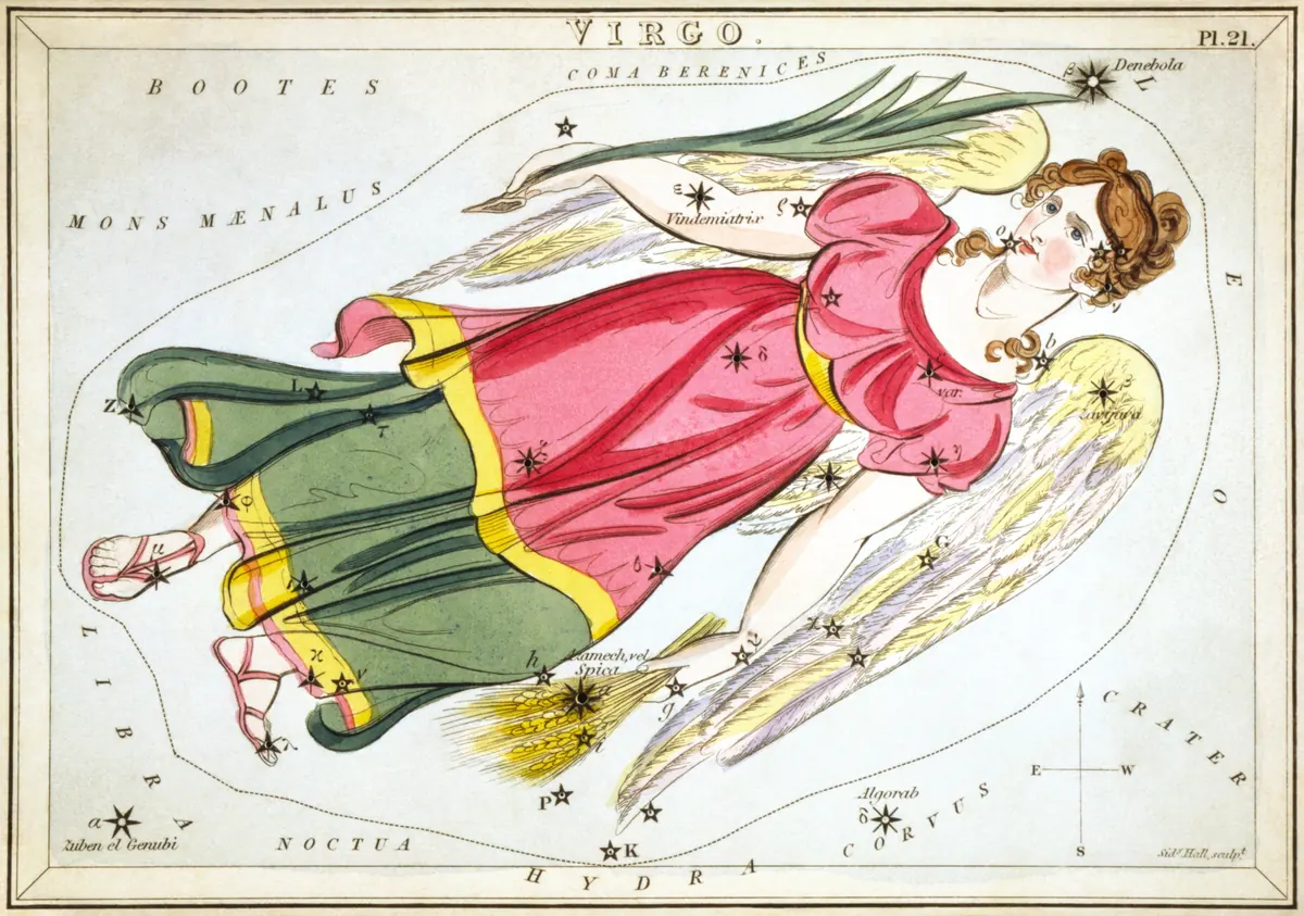 Virgo as drawn by Sidney Hall in Urania's Mirror, 1824.