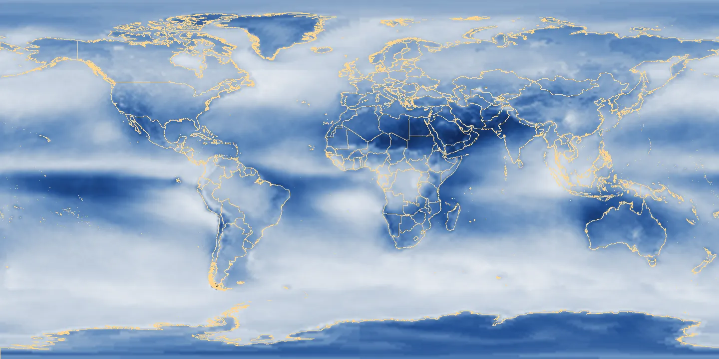 World map of average cloud cover in October, 2008–2017