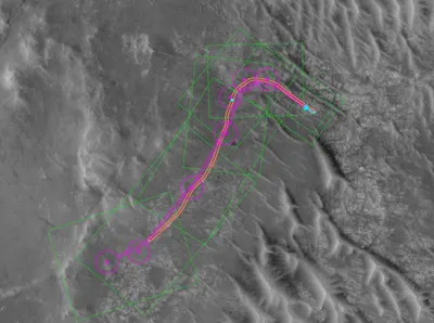 This annotated orbital image depicts the AI-planned (depicted in magenta) and actual (orange) routes the Perseverance Mars rover took during its Dec. 10, 2025, drive at Jezero Crater. The drive was the second of two demonstrations showing that generative AI could be incorporated into rovers route planning.