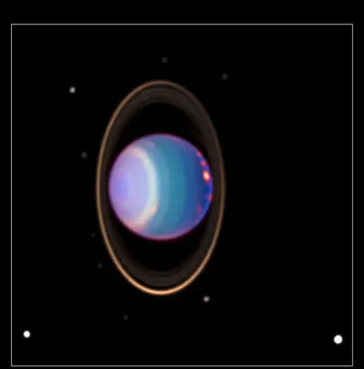 A recent NASA Hubble Space Telescope view reveals Uranus surrounded by its four major rings and by 10 of its 17 known satellites.