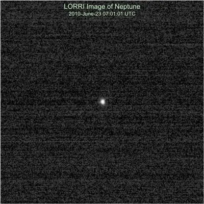 NASA's New Horizons Long Range Reconnaissance Imager (LORRI) observed Neptune on June 23, apl2010, as part of a test of the critical optical navigation Annual Checkout (ACO)-4.